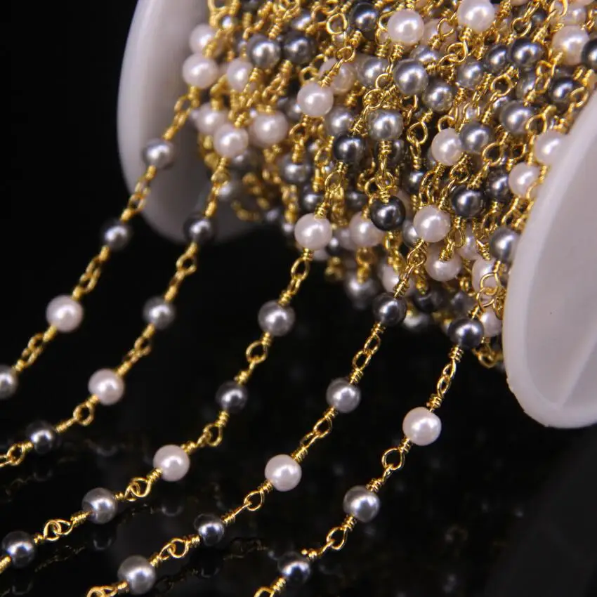 

5Meter 4mm Mix Color Pearl Round Beads Link Rosary Chain,Plated Gold Wire Wrapped Gems Chain Necklace Fashion Jewelry Findings