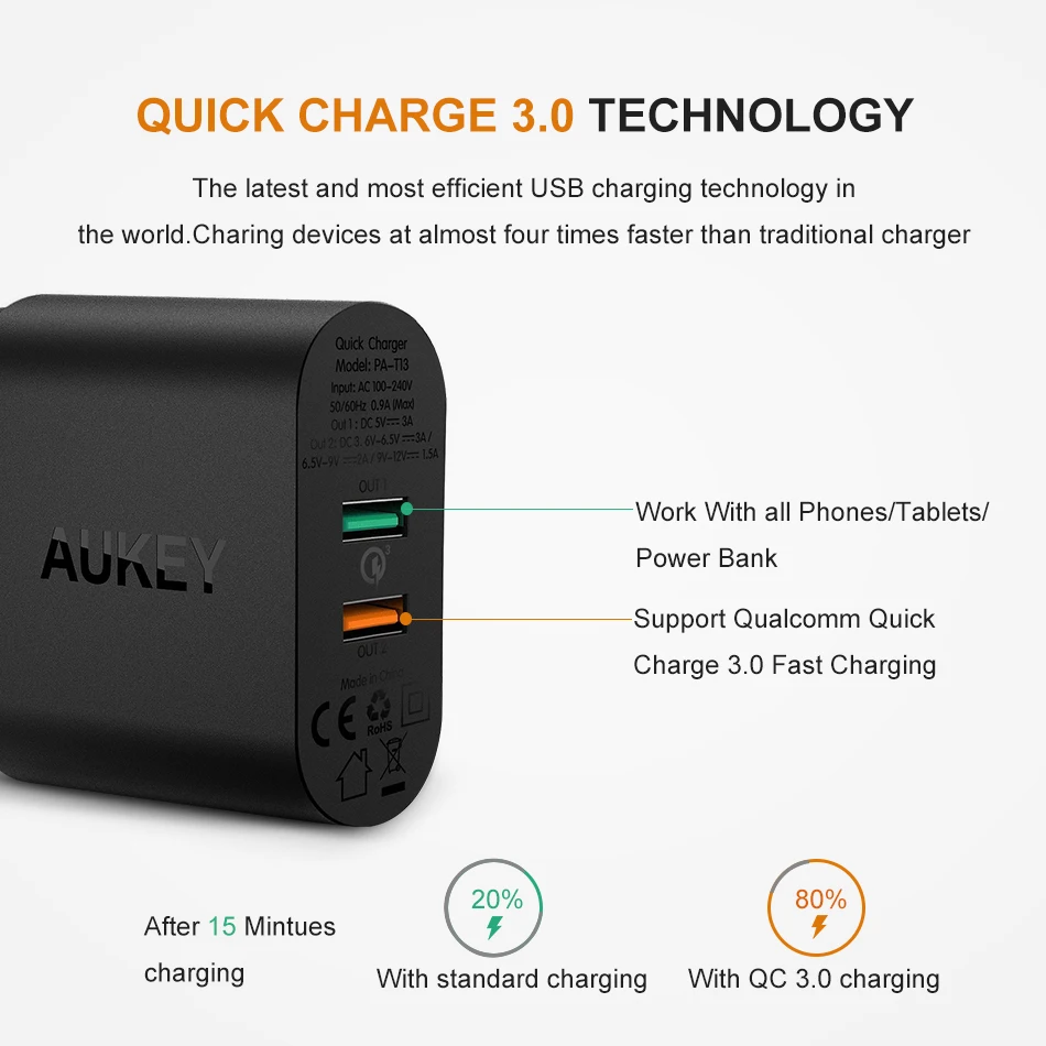 AUKEY Quick Charge 3 0 Мобильный телефон Зарядное устройство USB Wall быстрой зарядки для iPhone X