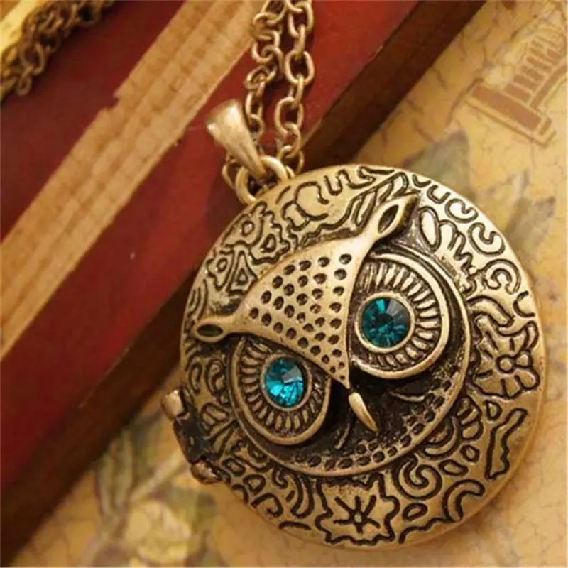 

Vintage Owl Set Rhinestone Pendant Necklace For Woman Jewelry Accessories Can Open Put Photos Box Fashion Jewelry