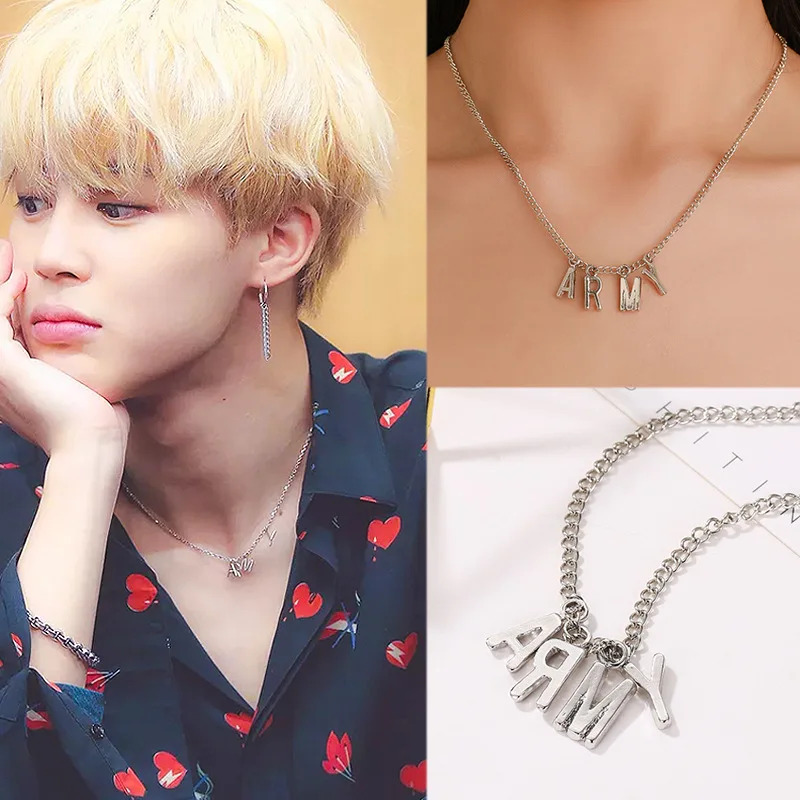 Ожерелье с надписью Jimin Same Fan Трендовое Серебристые украшения для мужчин и женщин