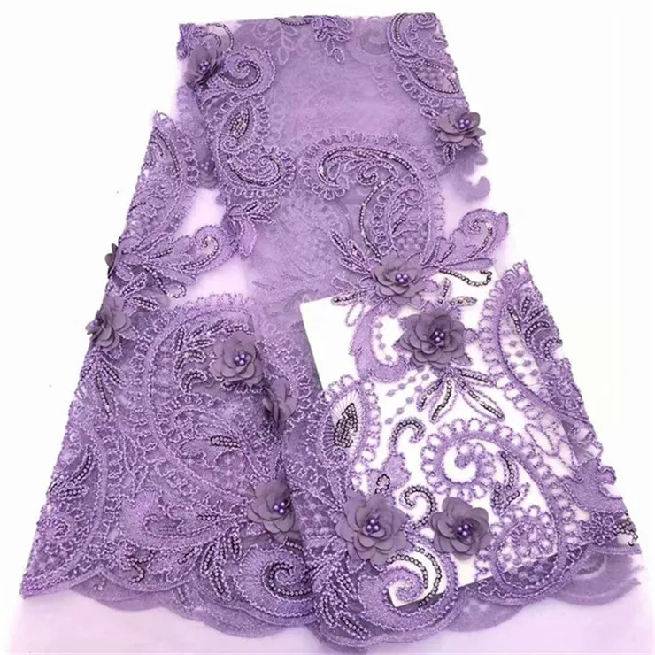 

Luxury Fabric High Quality 3d Lace Applique Embroidery African French Lace Fabric With sequins Beads For Wedding 5yards purple
