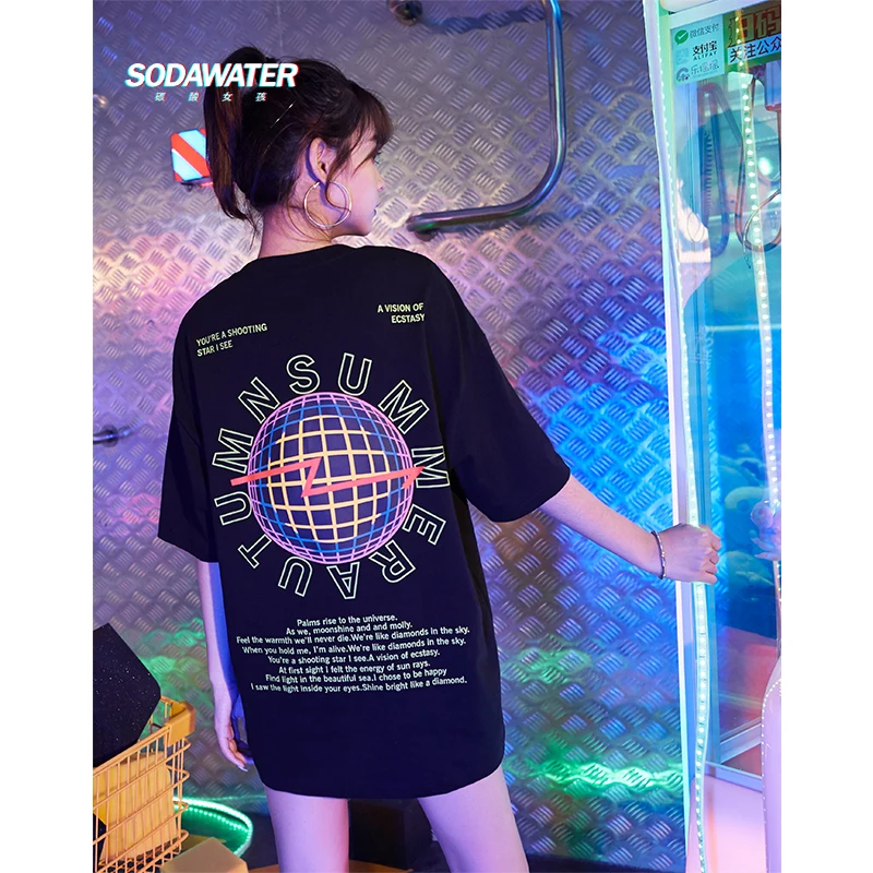 SODAWATER/футболка для девочек с буквенным принтом Harajuku хлопковая футболка короткими