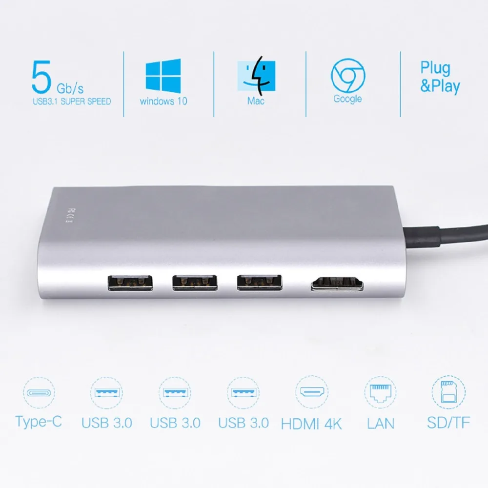 8 в 1 USB C док-станции Тип C расширить до 4 K UHD HDMI, 3 USB 3,0 Порты, SD/TF слот, RJ 45, USB-C зарядки Порты и разъёмы для MacBook
