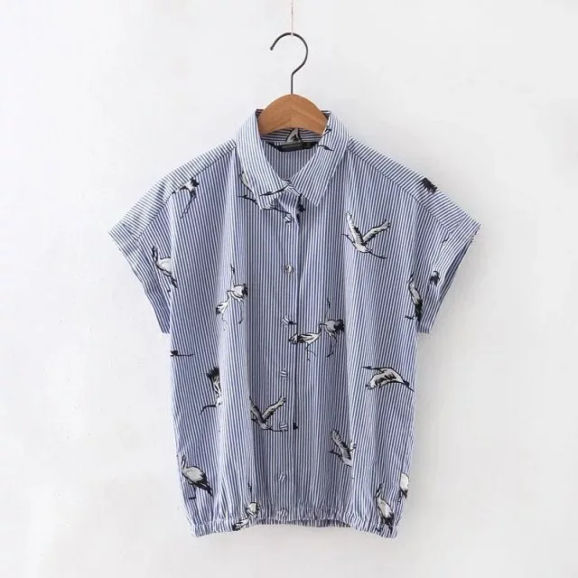 2017 New Fashion Women Vintage Birds Printing Striped Casual Loose Blouses Shirt Short Sleeve Office Wear Slim Blusas Tops S-L |