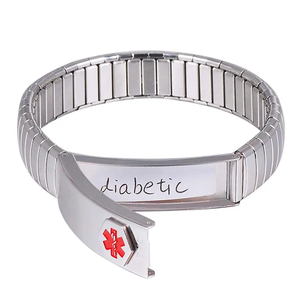 Wollet Jewelry ID Bangle Elastic Stainless Steel Medical Alert Bracelet for Men Women Personalised Customized Medical Card