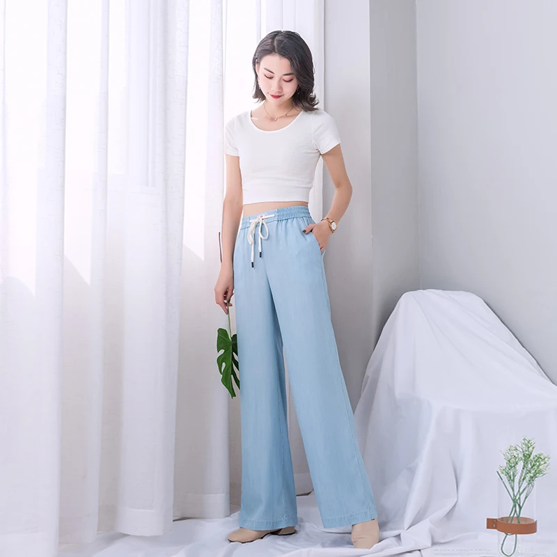 Tencel джинсы широкие брюки женские синие летние 2019 эластичные высокая талия