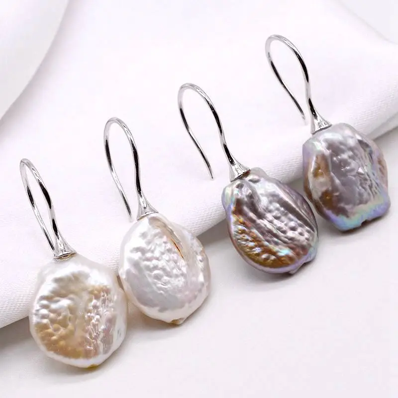 

Baroque Earrings Silver Coin Shape Natural Freshwater Pearls Simple Style Pearl Earrings Gifts for Girls