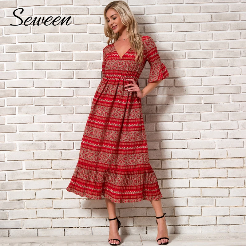 Bohemian Chiffon Dress Women Summer 2018 New Arrivals Flare Sleeve V neck Print Boho Dresses Woman Pleated Beach Long | Женская одежда