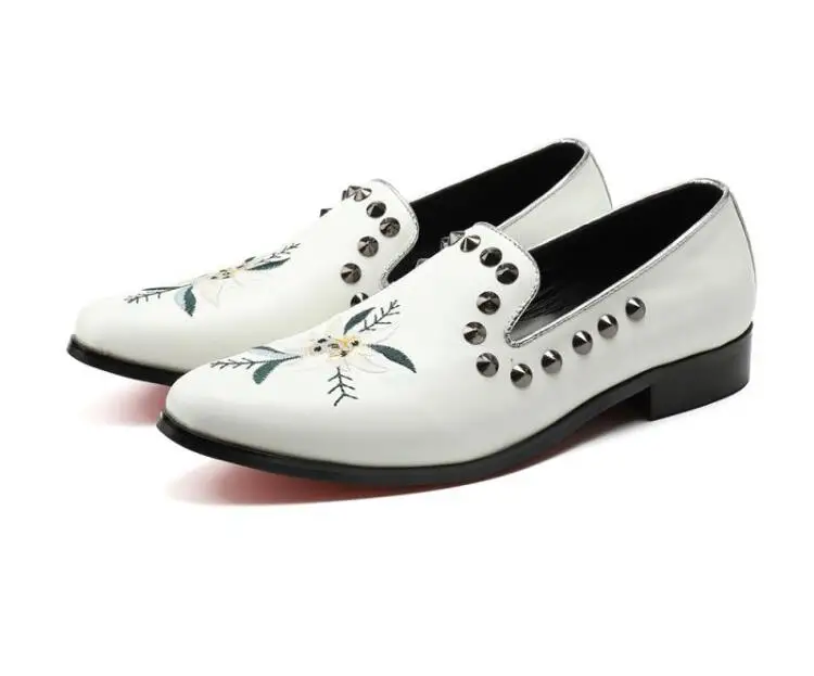2018 New Genuine Leather Men Oxford Shoes rivets studded embroidery Casual Business shoes white Slip-on party office | Обувь