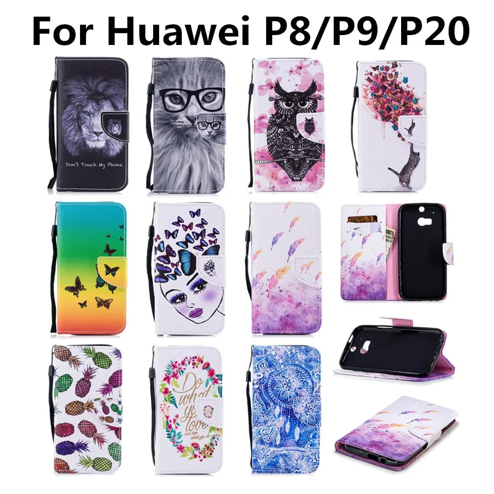 Лев рисунок с котом чехлы изображениями для HUAWEI P8 P9 P10 P20 lite чехол Кожаный бумажник