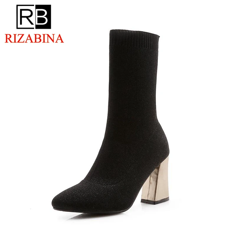 RizaBina Plus Size 33-46 Sexy Women Mid Calf Boots Patchwork Warm Shoes Fashion Sock High Heel Designer Winter | Обувь