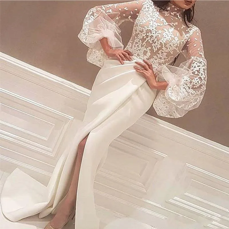 

White Arabic 2018 Newest Evening Gowns High Neck Lace Applique Lantern Long Sleeve Mermaid Prom Gowns Side Slit Sexy Party Dress