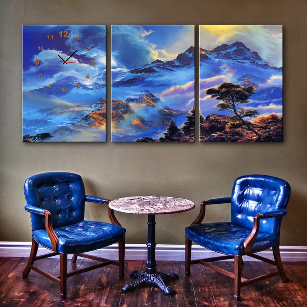 

Free Shipping E-HOME Cloud And Mist Snow Mountain Clock in Canvas 3pcs wall clock