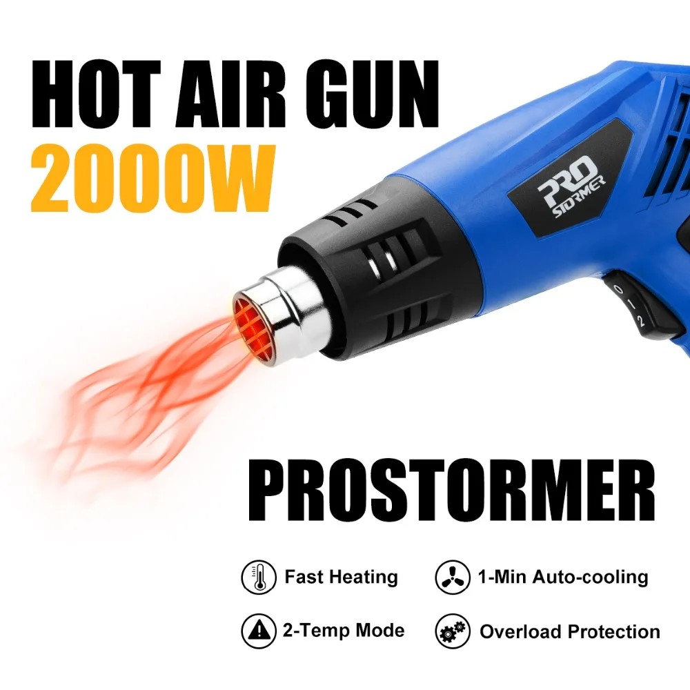 Prostormer 2000 Вт промышленный электрический фен для горячего воздуха с двойным температурным управлением, строительный фен для волос, тепловая пушка с соплом