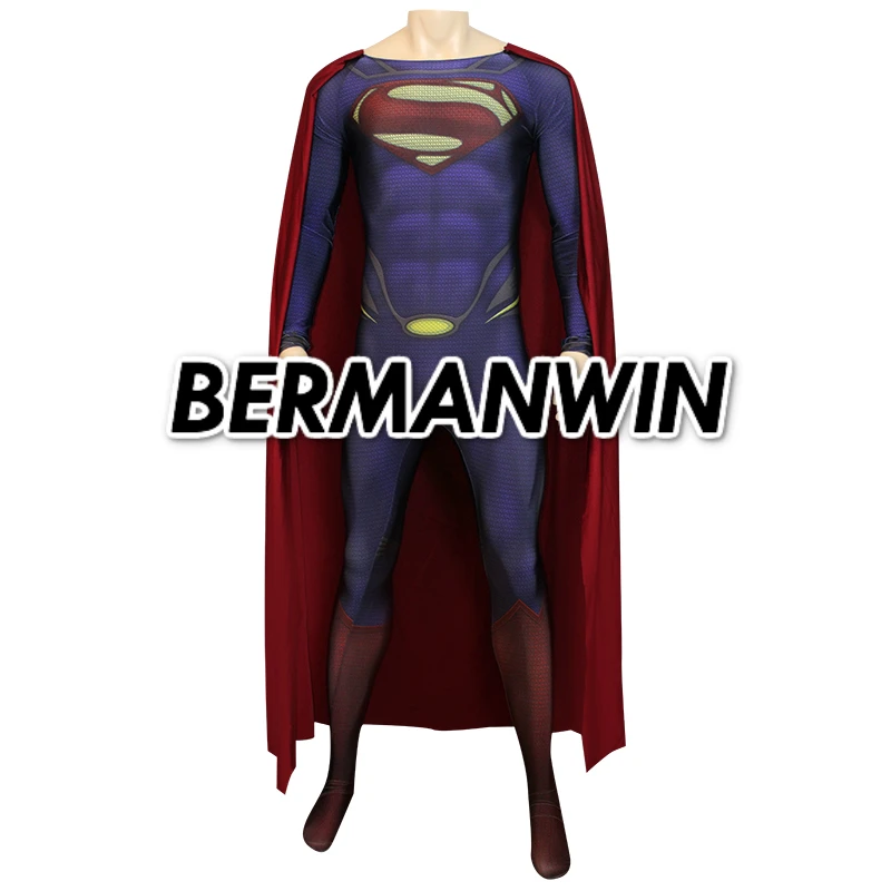 BERMANWIN Высокое качество Супермен костюм Человек стальной костюм 3D принт Супермен костюм накидка Хэллоуин Косплей Костюм взрослых мужчин