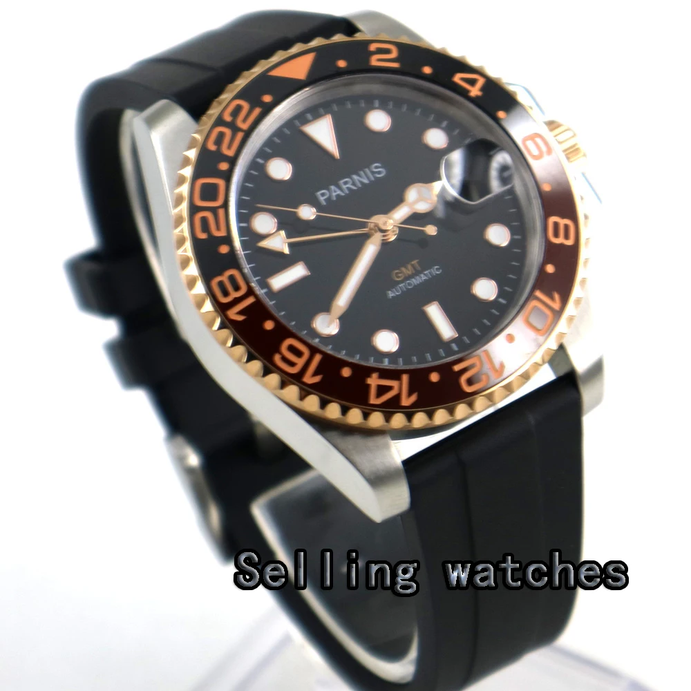 

40mm PARNIS black dial Sapphire glass ceramic bezel GMT automatic men watch