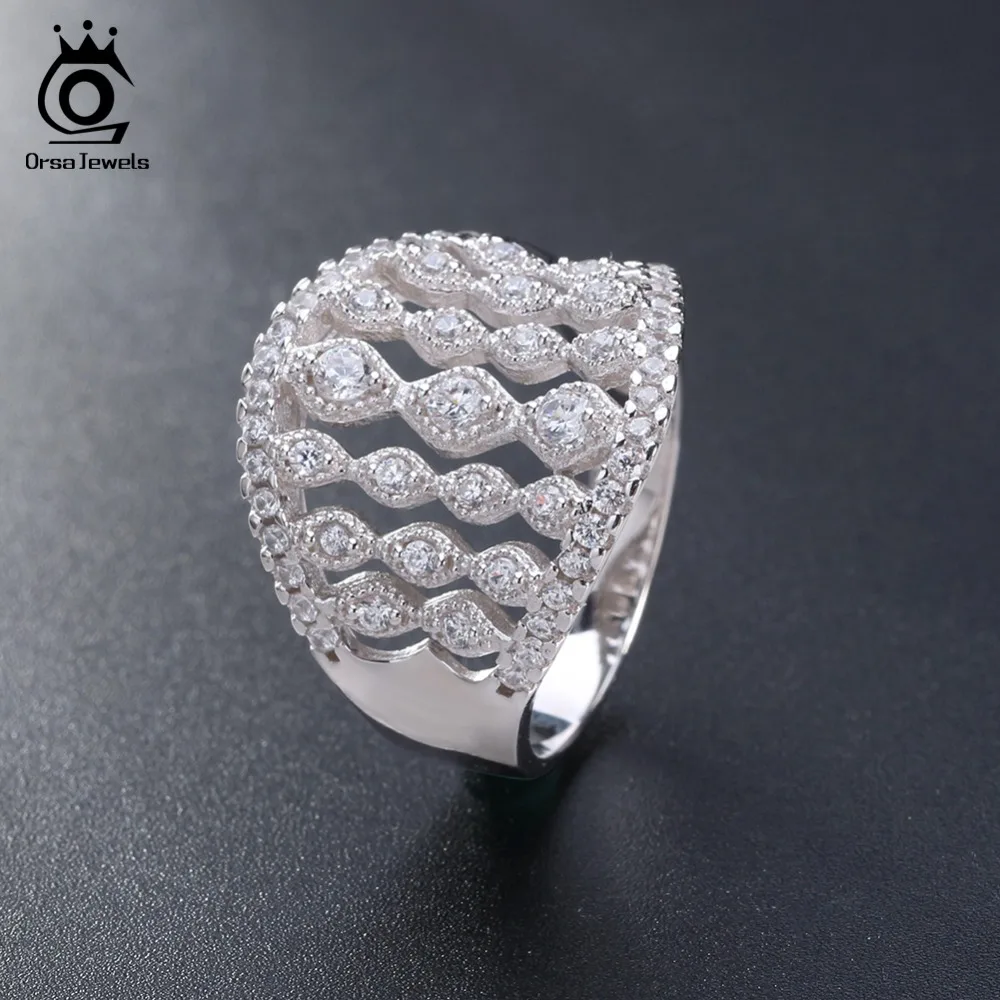 ORSA JEWELS женские кольца с полым покрытием серебристый цвет прозрачный AAA кубический циркон женские кольца Свадебные украшения уникальный подарок AAOR88