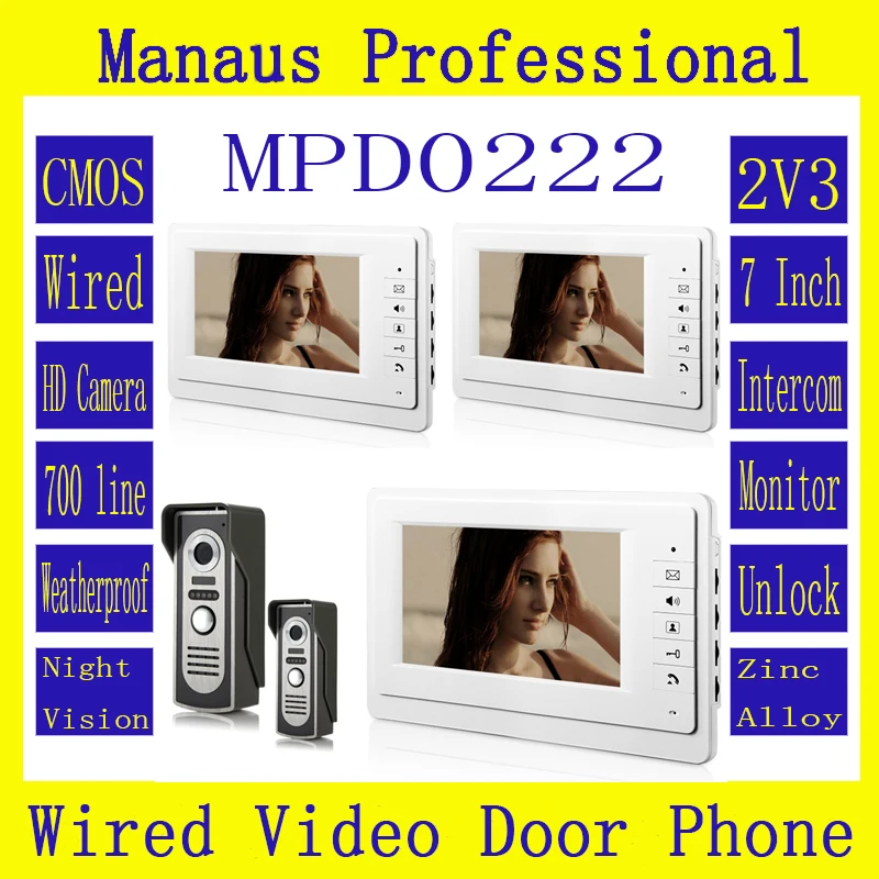 

HighQuality Professional SmartHome 7" TFT LCD Screen Video Intercom Phone,Two to Three Video Doorphone Kit Configuration D222a