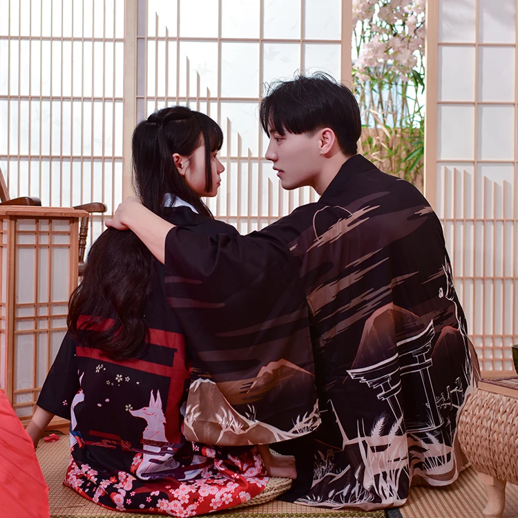 Японский свободный банный халат Fushimi Inari Patronus fox Темно черный цвет haori летнее