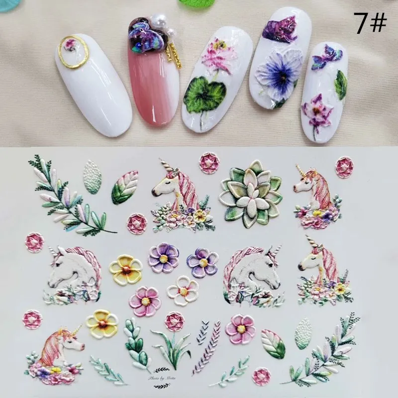 7 3D Nail Sticker Acrylic Engraved Unicorn Flower Embossed Flower Nail Water Slide Decals Nail Art Decorations - Цвет: 7