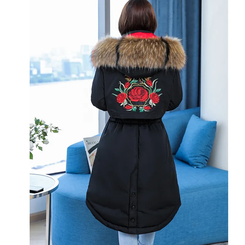 Uhytgf L-5XL, большие размеры, зимняя куртка-пуховик теплая плотная куртка Для женщин с вышивкой, с меховым воротником, пальто с капюшоном больших размеров вниз хлопок Outerwear726