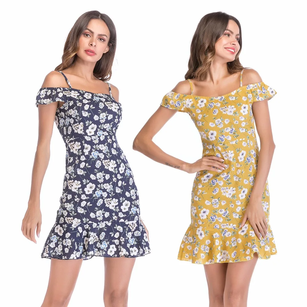 PGSD Summer Fashion Women Clothes Chiffon Sling Lotus Leaf Edge Show Shoulder Flying Sleeve Flower printing short Dress female | Женская