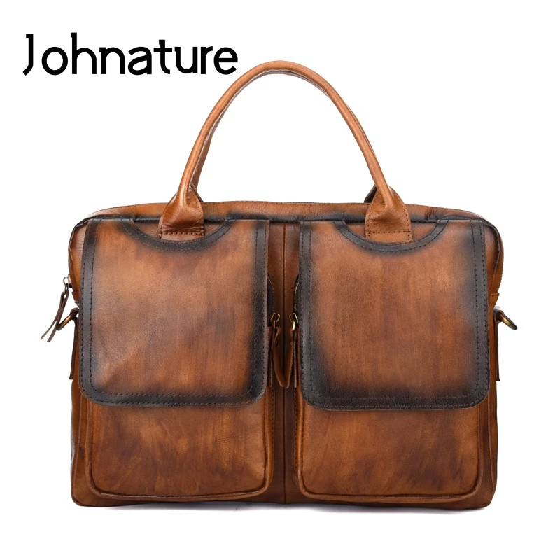 

Johnature 2021 New Genuine Leather Retro Cowhide Briefcase Shoulder Messenger Bag Men Computer Bags Business Leisure Handbag