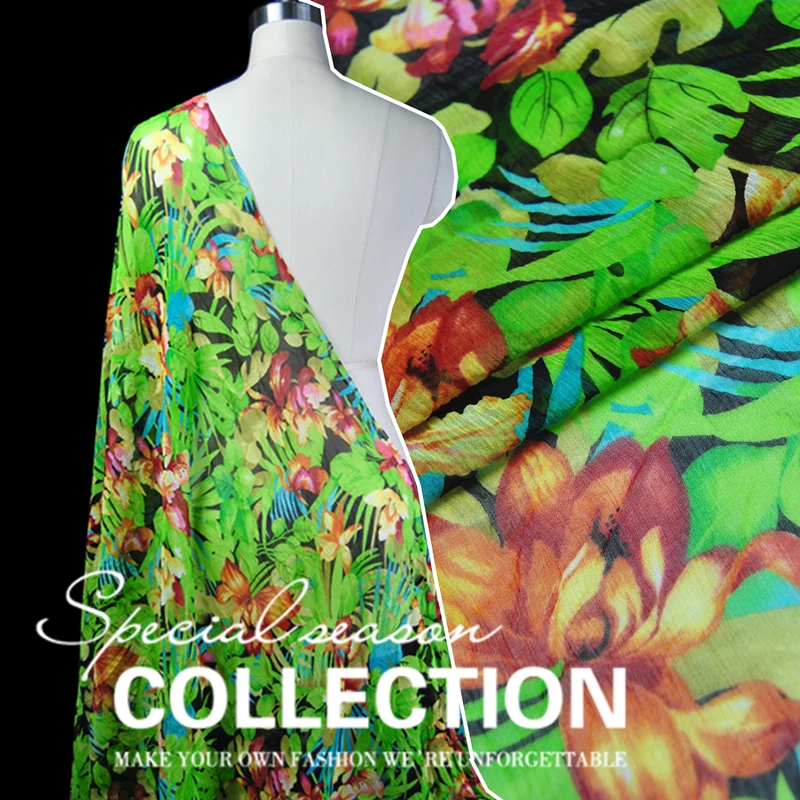 

Silk Georgette Chiffon Fabric Dress Green leaves flowers 100% Shun Yu wrinkle Baotou scarf spring summer dress (1 meter)
