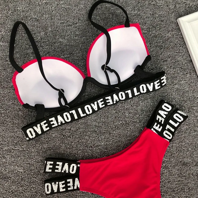 

Push up red swimsuit separate 2021 Red sexy swimwear summer bathing suit women bathers Letter strappy bikini set new biquinis