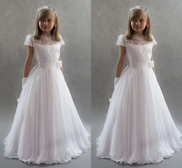 Длинные белые/Слоновые платья для девочек с цветами кружевные конкурса первого