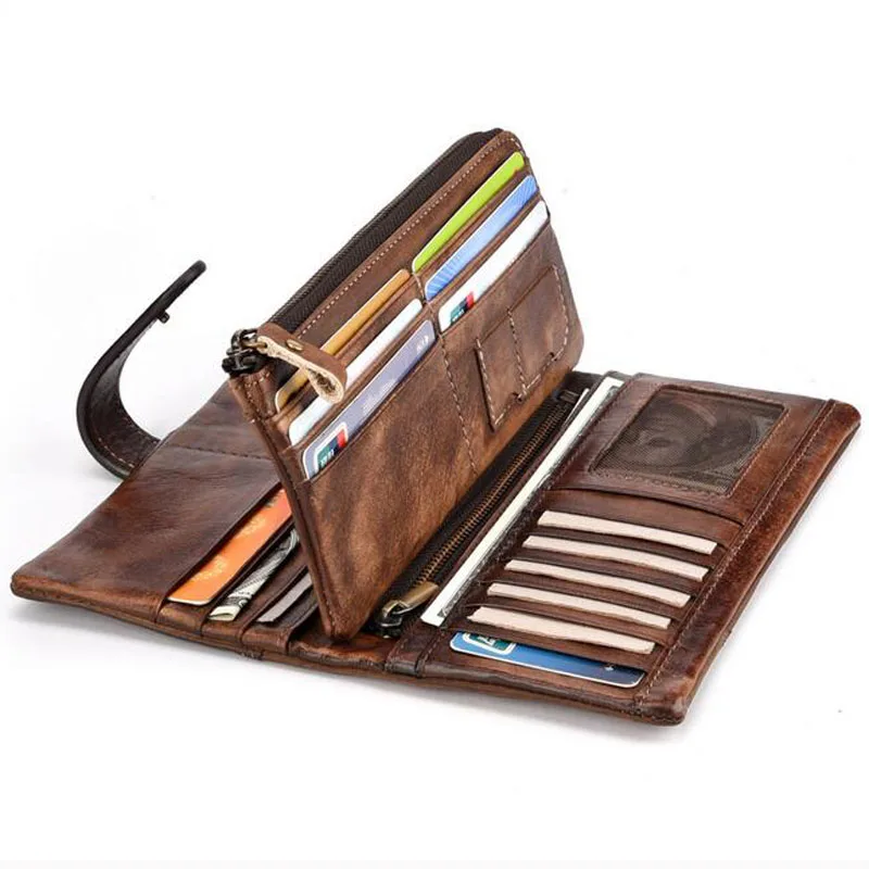 New Men Cowhide Leather Wallets Vintage Walet Male Long Clutch with Coin Purse Pocket Rfid