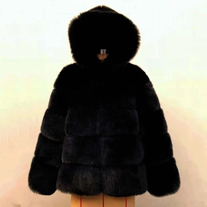 black fox fur coat Роскошное дизайнерское пальто с капюшоном из искусственного меха, Женская куртка, зимние плотные теплые пальто, верхняя одежда, элегантная пушистая Женская куртка из лисьего меха - Цвет: black fox fur coat