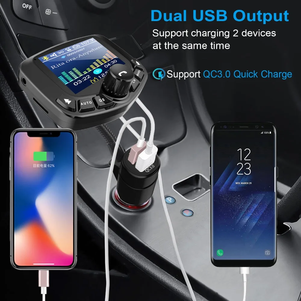 JINSERTA 1,8 дюймов Bluetooth MP3-плеер fm-передатчик с двойным usb-портом QC3.0 поддержка u-диска, TF карта, Вход AUX Выход