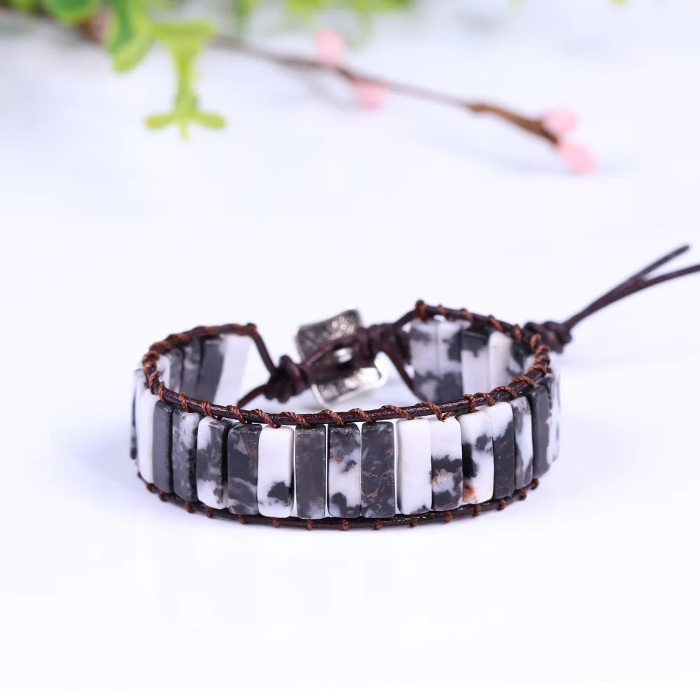 

Handmade Black White Color Natural Stone Tube Beads Vintage Leather Charm Bracelet for Yoga Drop Shipping Gifts