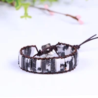 handmade black white color natural stone tube beads vintage leather charm bracelet for yoga drop shipping gifts