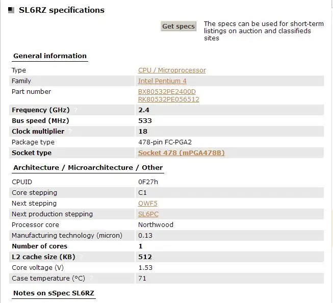 Intel Pentium 4 2.4 ГГц P4 г socket 478 512 М 533 SL6RZ спецификации | Компьютеры и офис