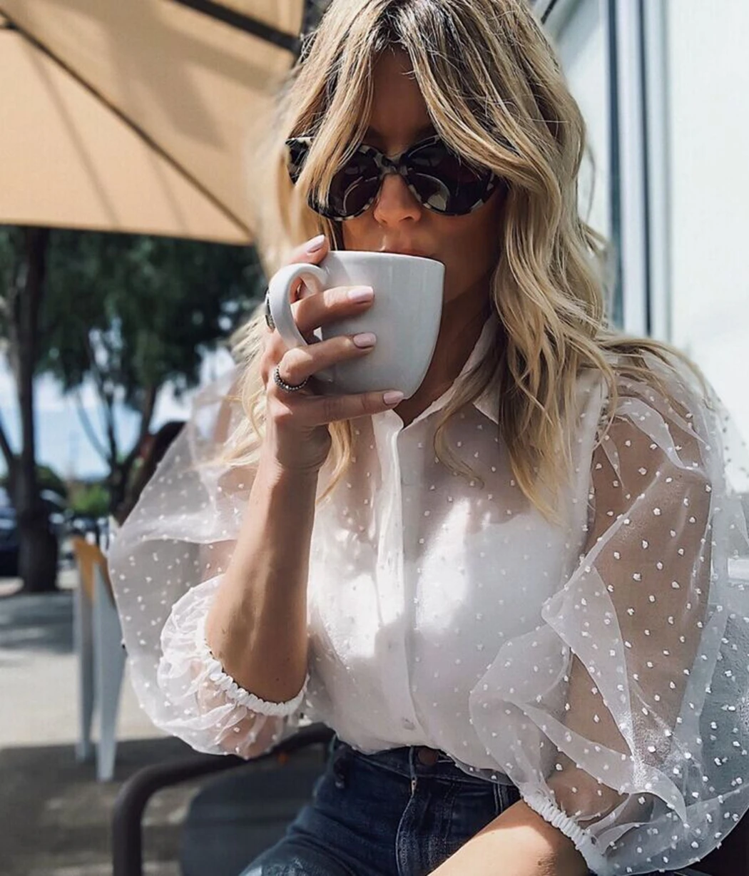 2019 летняя сетчатая блузка женская сексуальная прозрачная Половина рукава Топы