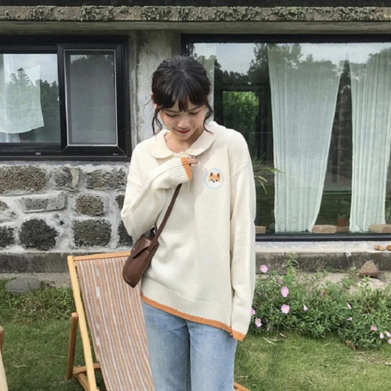Корейский на осень-зиму 2018 милый мультфильм щенок вышитые с лацканами свитер