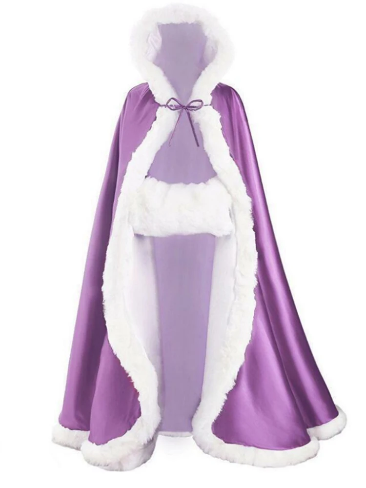 Light purple Свадебный плащ Зимний с капюшоном из искусственного меха отделка атласная Свадебная шаль накидка Свадебные Длинные вечерние свадебные накидки для невесты - Цвет: Light purple