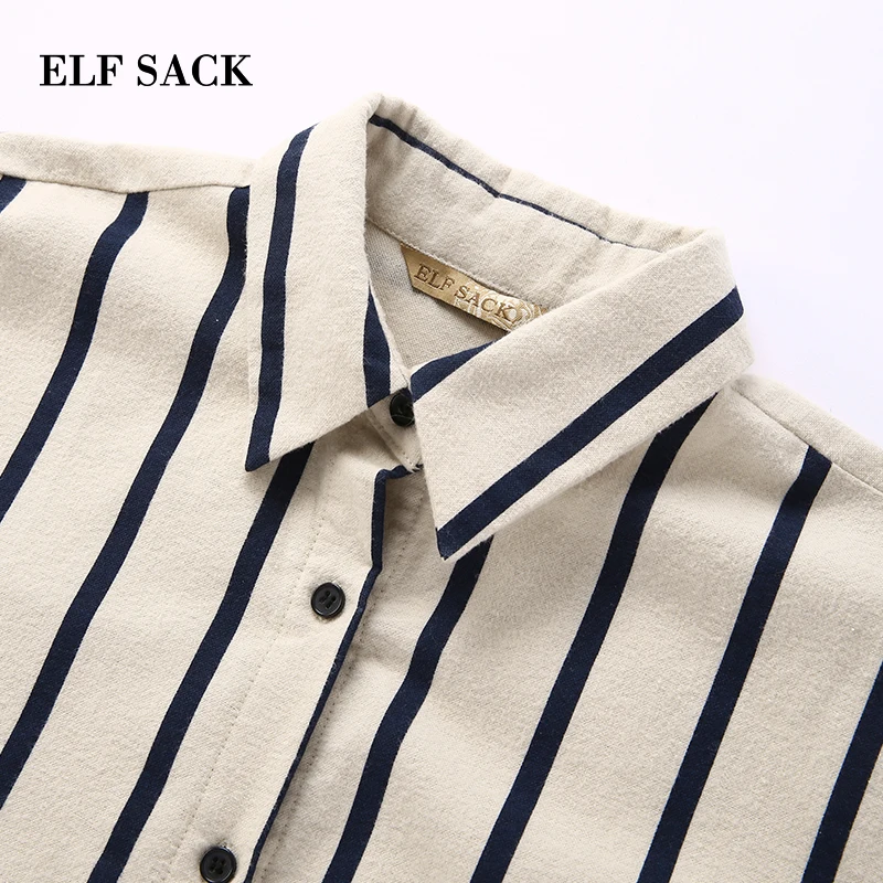 ELFSACK, осенняя новинка, женская рубашка, повседневная, хлопок, длинный рукав, женская блузка, в полоску, с отложным воротником, свободные, женские рубашки, уличная одежда