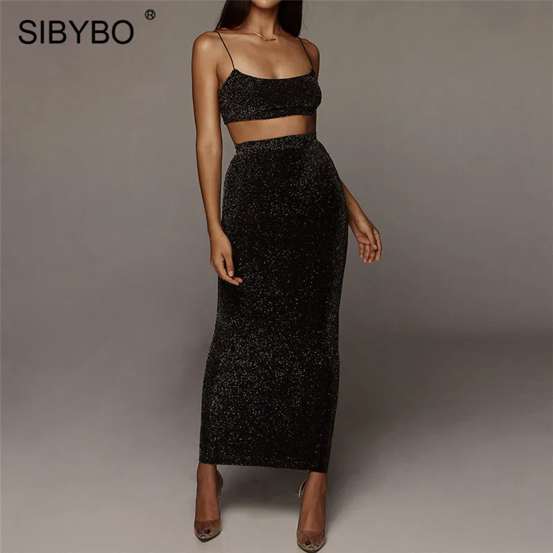 Sibybo, блестящее сексуальное платье без бретелек, комплект из двух предметов, платье на тонких бретелях, без рукавов, летнее женское платье, открытая спина, Пляжное длинное платье, вечерние платья
