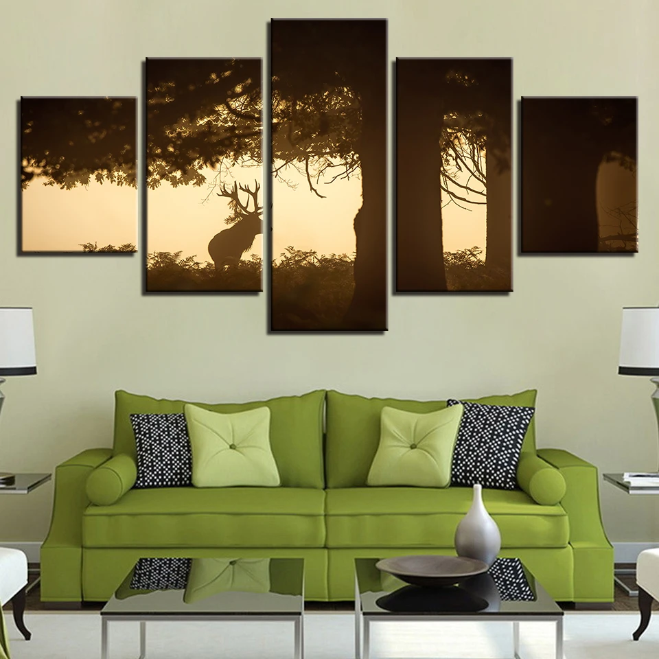 Canvas Paintings Framework HD Prints Wall Art 5 Pieces Deer Under The Big Tree Pictures Sunset Animal Bucks Posters Home Decor | Дом и сад
