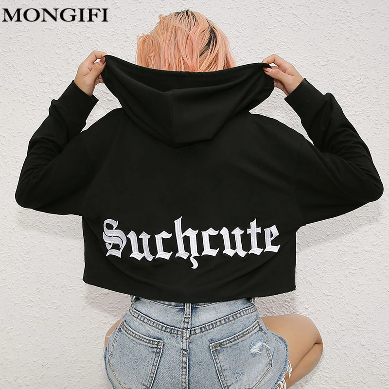 MONGIFI вышивки Письмо черный толстовки Для женщин одноцветное Повседневное