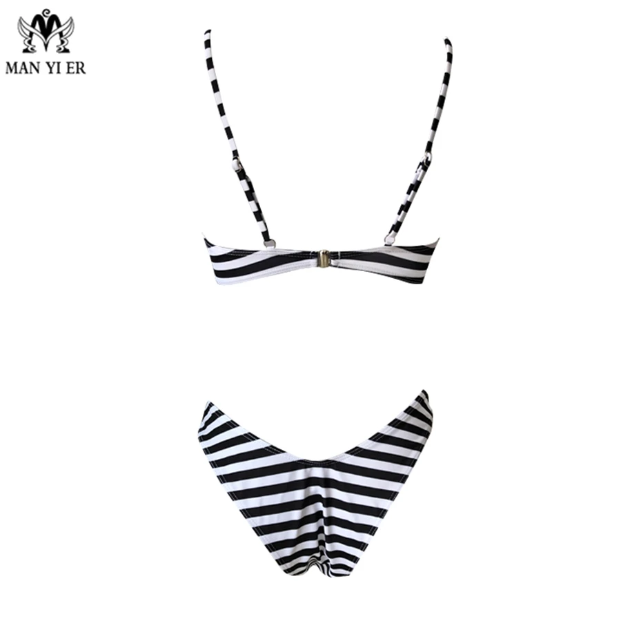 

Sexy Bikini Set Push Up Hawaiian Style Swimsuit Black and White Striped Wrist Strap Triangle Split Swimsuit Beach Suit 18050