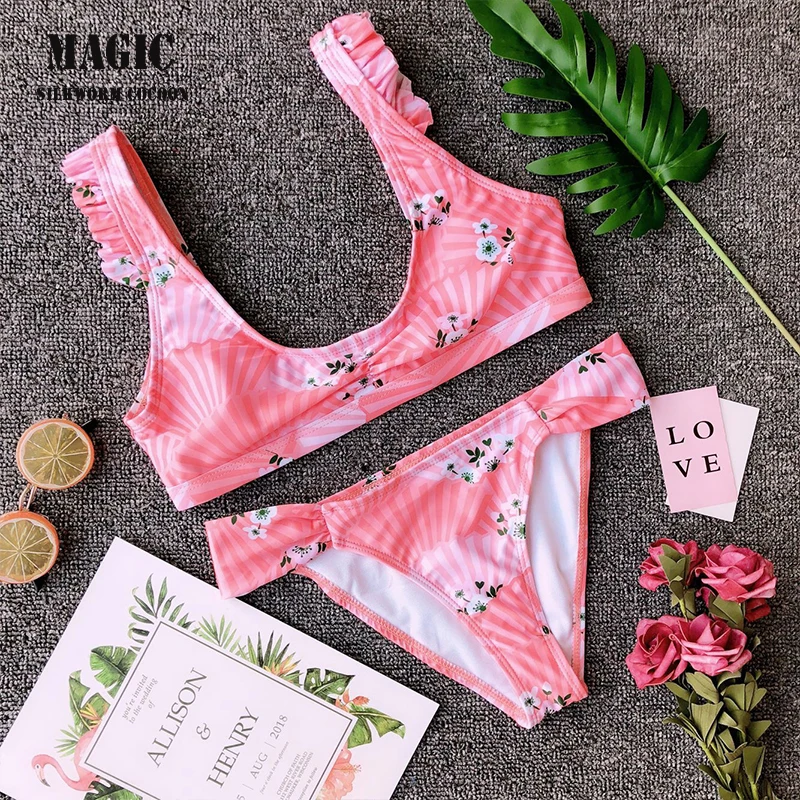 Женский раздельный купальник Яркий купальный костюм с оборками и принтом