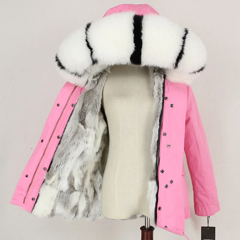 pink white stripe Зимняя женская куртка, пальто с натуральным мехом, парка с воротником из натурального меха енота, Толстая теплая подкладка из кроличьего меха, уличная одежда, новинка, повседневная одежда - Цвет: pink white stripe
