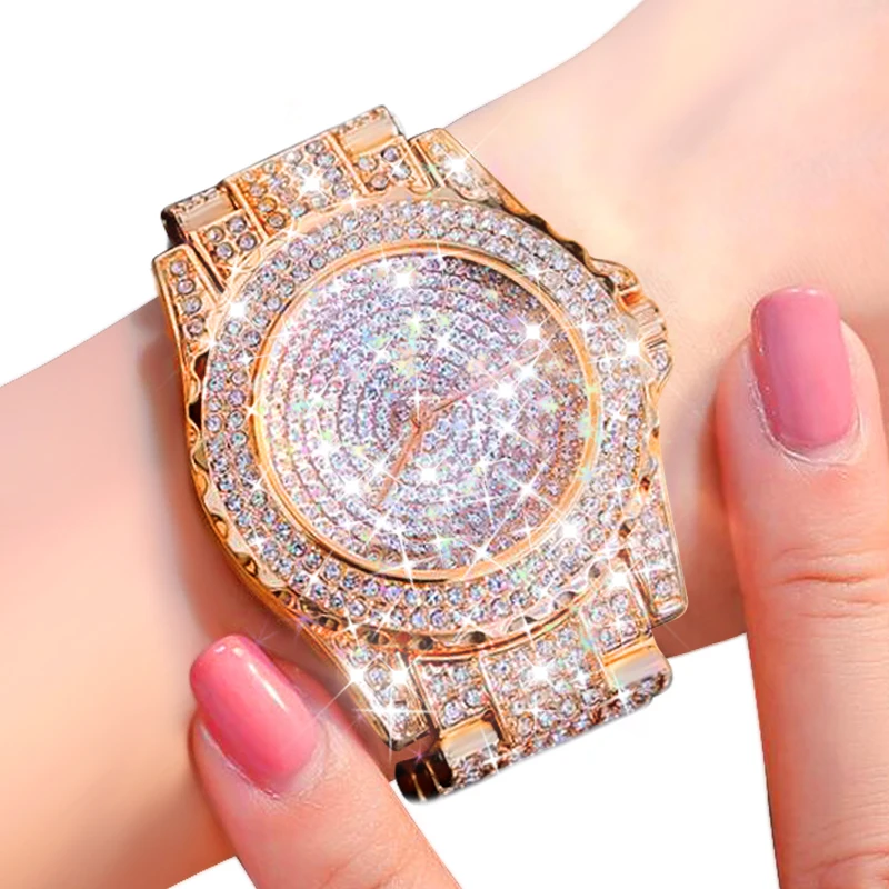 Женские кварцевые часы, модные часы Bling, женские часы с кристаллами и бриллиантами, наручные часы из нержавеющей стали, модные серебряные часы из розового золота