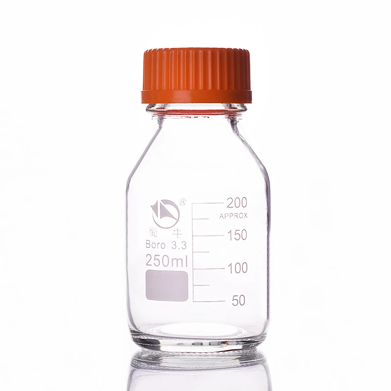 Reagent bottle,With yellow screw cover,Borosilicate glass 3.3,Capacity 250ml,Graduation Sample Vials Plastic Lid