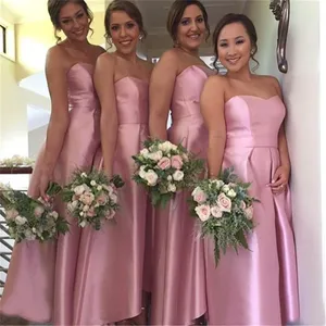 Simple Satin Dresses For Bridesmaid 2019 Strapless Sleeveless A Line Sexy Wedding Guest Dress Cheap Women Prom Party Gowns