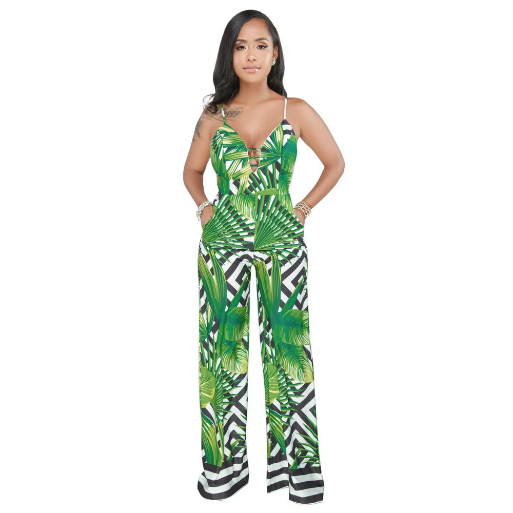 OKAYOASIS Summer Vacation 2018 Spaghetti Strap Boho Jumpsuit High Waist Leaf Print Wide Leg Cami Palazzo Women | Женская одежда